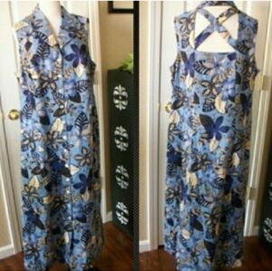 NWT MAXI DRESS LINEN BLEND BLUE FLORAL SLEEVELESS CUT OUT BACK SIZE 20 WOMAN